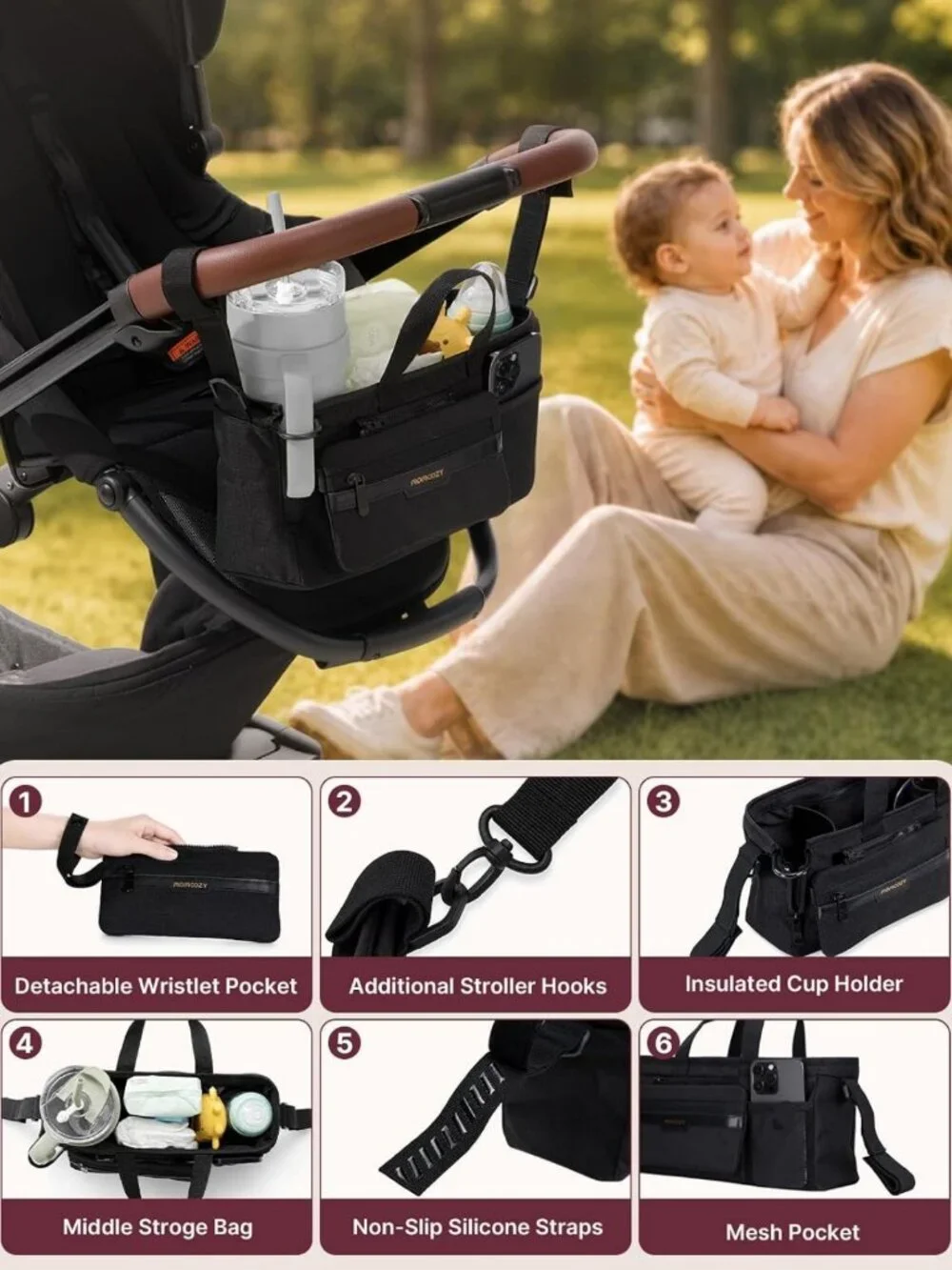 Stroller Organizer with 40 oz Tumbler Holder & Non-Slip Straps for Moms